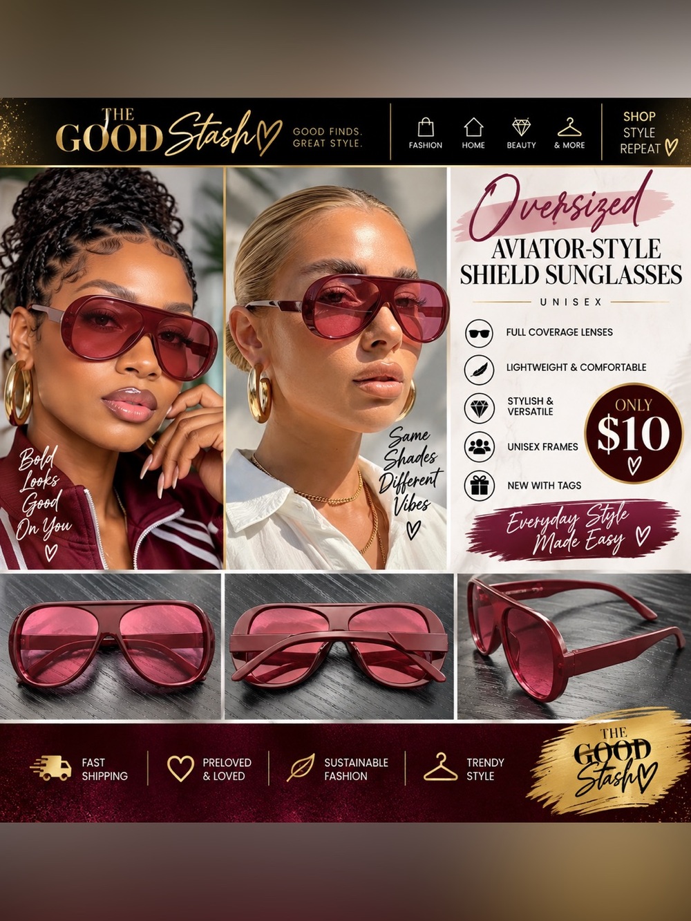 Oversized Aviator-Style Shield Sunglasses - UNISEX